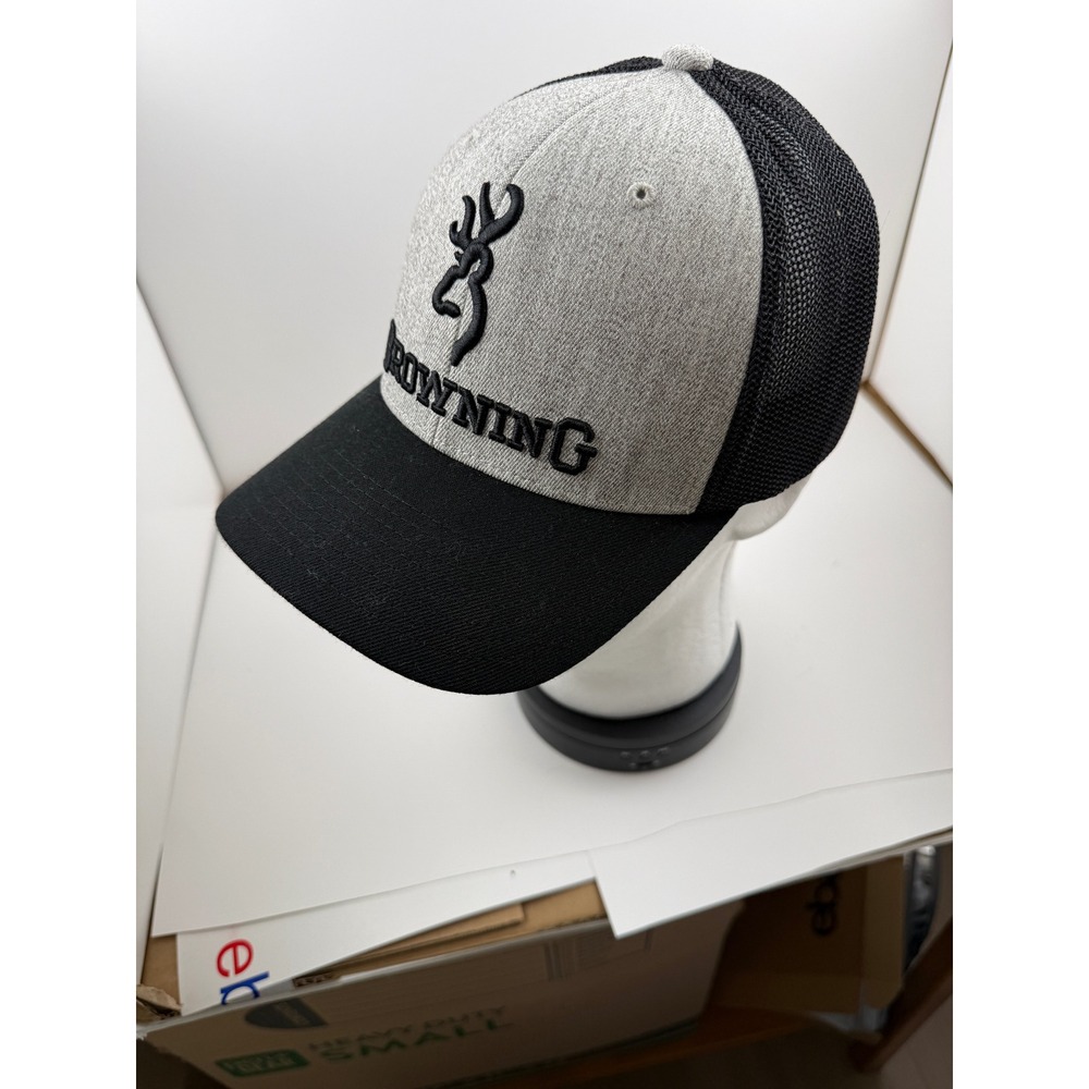 Browning Flexfit Trucker Hat Gray Black Mesh Back Buckmark Logo Stretch Fit Cap